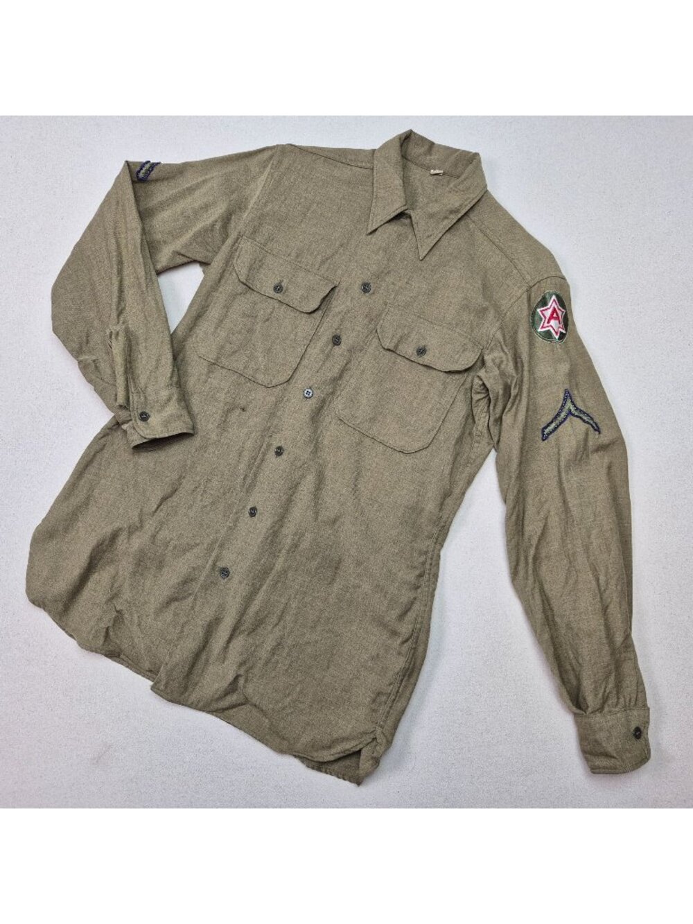US Army Wool Green Field Shirt Private 6th Army Division Sz 15/34 VINTAGE 1940's